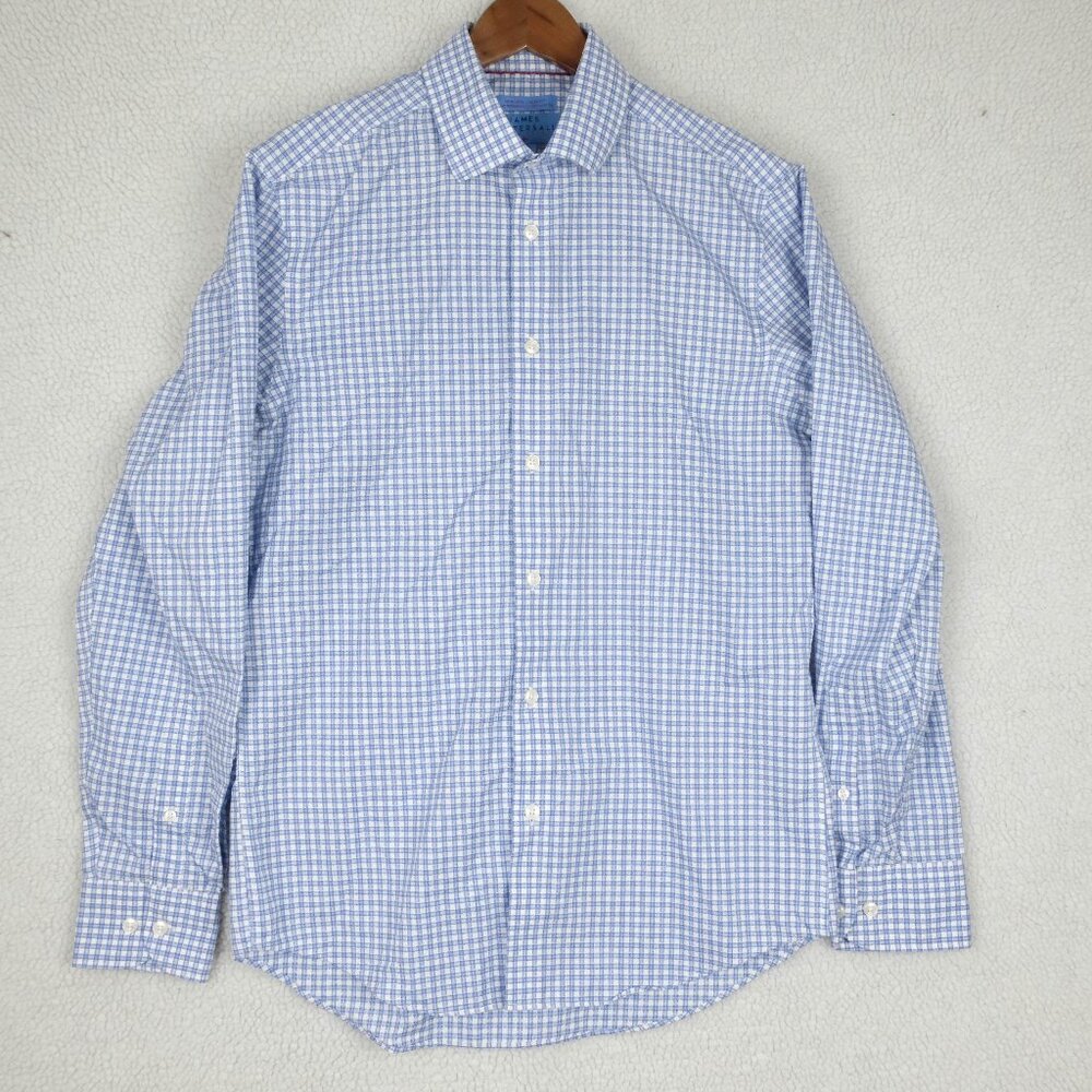 James Tattersall Shirt mens 16 34 35 Medium Blue Gingham Check Button Up